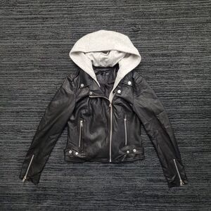 Aqua Black Leather Jacket with Gray Hood